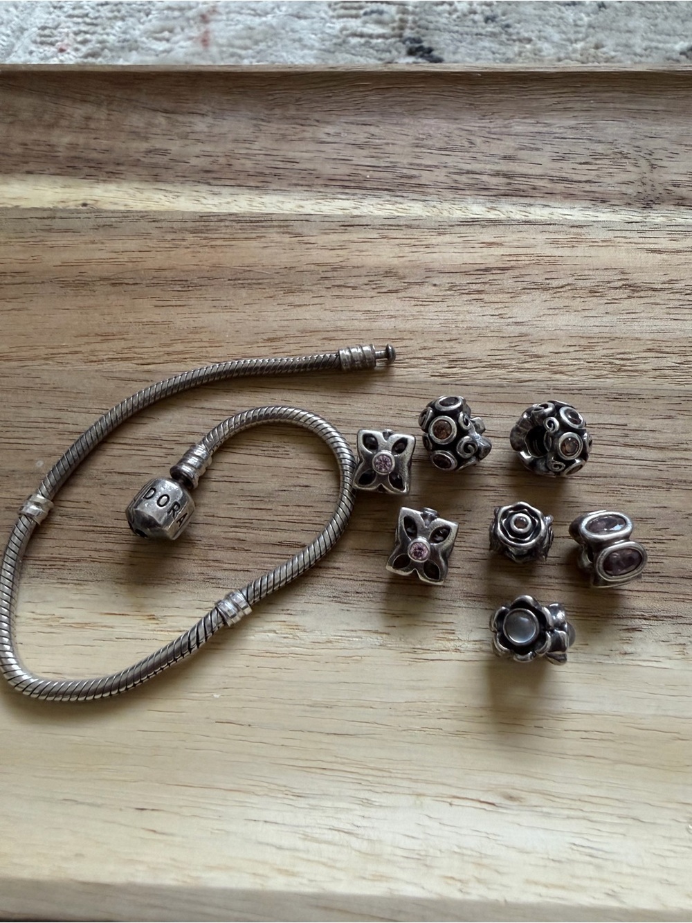Pandora Silver Bracelet with Pink-Accented Flower and Filigree Charms